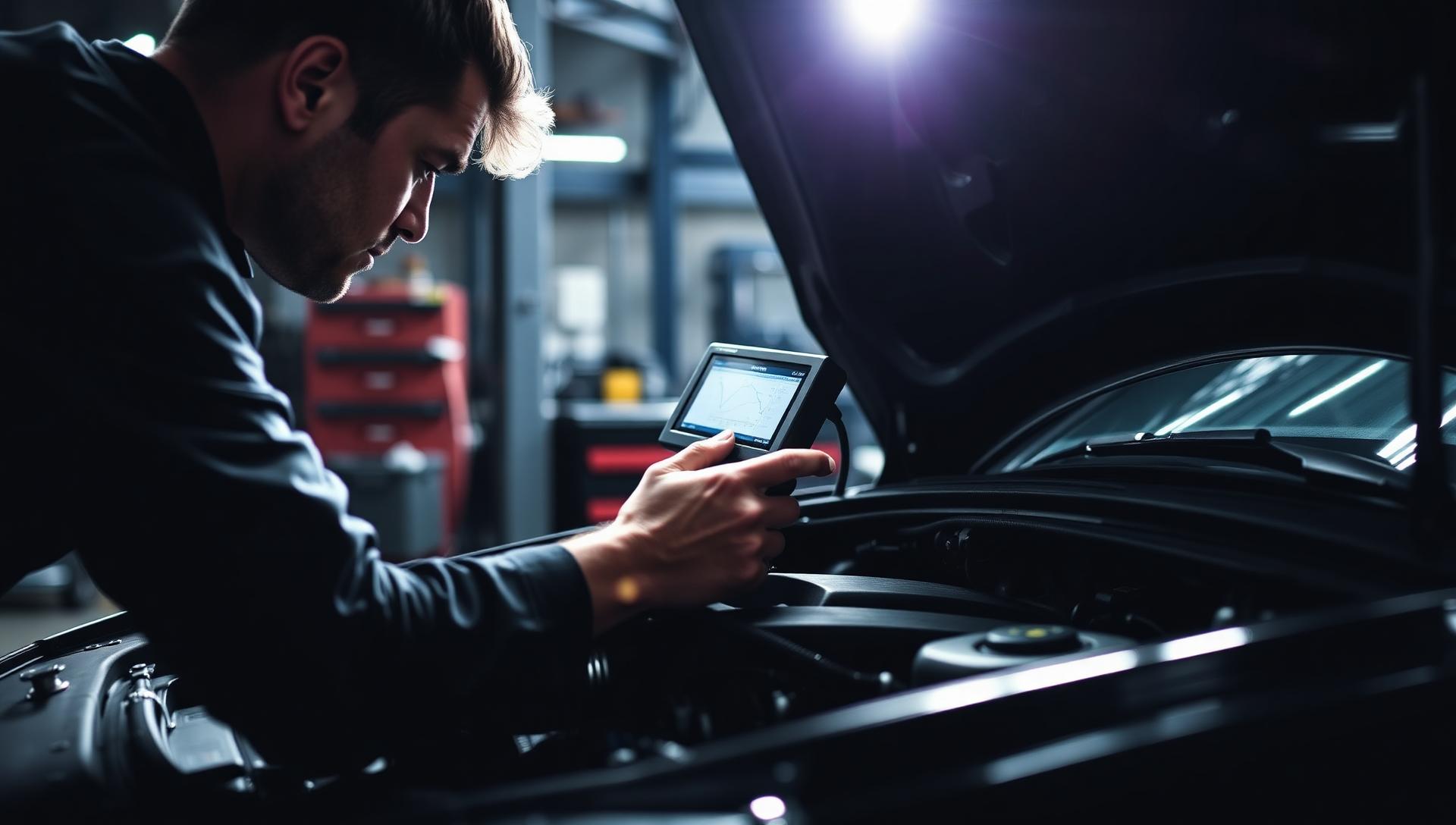 Técnico automotriz usando un scanner de diagnóstico en un motor moderno